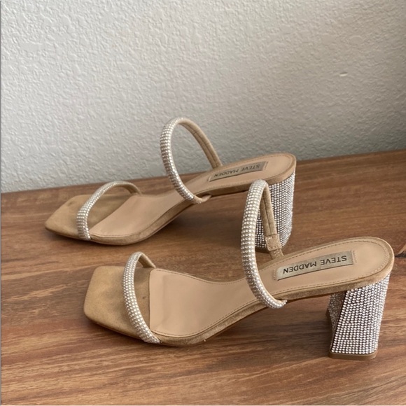 Steve Madden Shoes - Steve Madden Tan/Nude + Silver Rhinestone Glam Block Heels